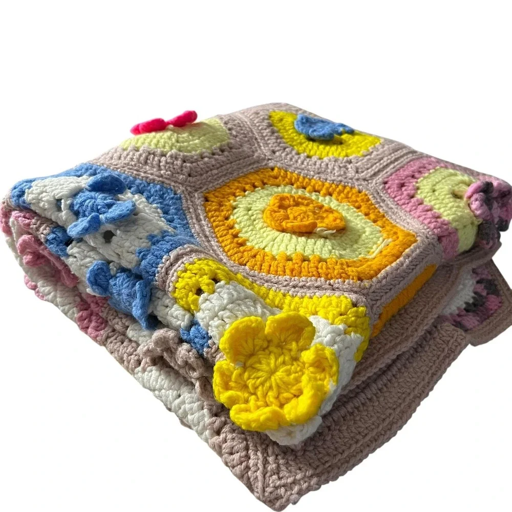 Handmade Crochet‎ Baby Blanket Flower Garden Hexagon Afghan 33x54